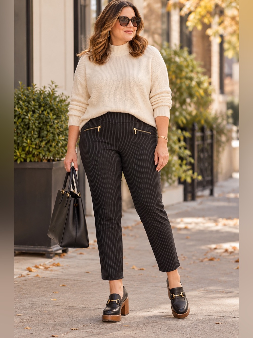Karl Lagerfeld XL Pinstripe Ankle Pants Gold Zip Stretch Pull On